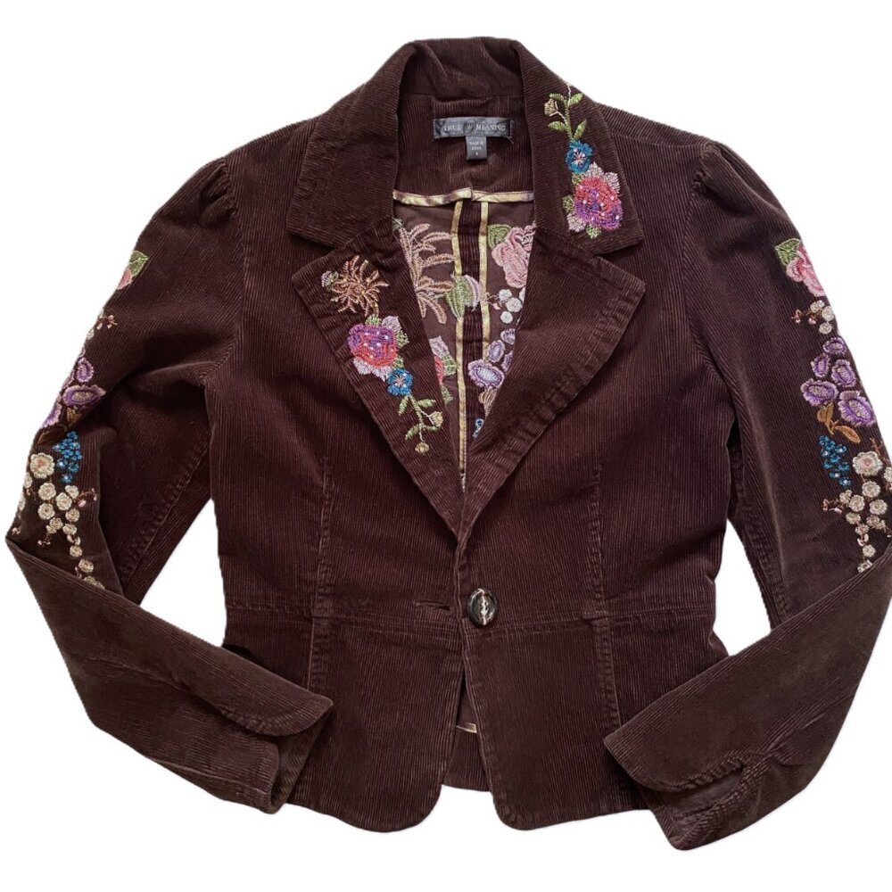 Y2K corduroy floral embroidered dark brown True Meaning blazer jacket - Picture 3 of 16